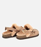 Kadın Süet Deri Bej İçi Kürklü Sabo Terlik