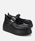 Kadın Deri Siyah Dolgu Topuklu Tokalı Babet