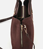 Kadın Süet Kahverengi Gold Aksesuarlı Omuz Çantası