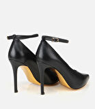 Kadın Deri Siyah Bilekten Bağlamalı Gold Detaylı Yüksek Topuklu Stiletto