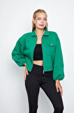 Kadın 3 İplik İçi Polarlı Balon Kol Cepli Fermuarlı Gömlek Yaka Ceket