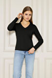 Kadın V Yaka Uzun Kol Basic Tişört