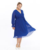 Kadın Kruvaze Yaka Kuşaklı Büyük Beden Uzun Kol Midi Boy Şifon Elbise 4450/110