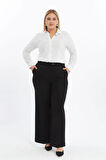 Apsen Kadın  Siyah Yüksek Bel Cep Detaylı Geniş Paça Dokuma Kumaş Pantolon 370-105 