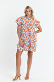 Apsen Kadın Turuncu Beyaz Çiçekli Geniş Kesim Mini Boy Dokuma Elbise  4509-90