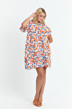 Apsen Kadın Turuncu Beyaz Çiçekli Geniş Kesim Mini Boy Dokuma Elbise  4509-90