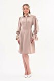 Kadın Bej Gömlek Yaka Kol Detaylı Elbise 4076/100