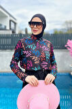 Remsa Paraşüt Önü Kapaklı Tam Kapalı Tesettür Mayo R046 Siyah Color Neon | 3XL