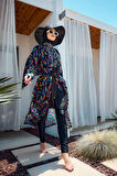 Remsa Tesettür Mayo Üzerine Tek Kaftan Kimono Pareo Siyah04 RP035 Yağmur | 2