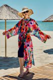 Remsa Tesettür Mayo Üzerine Tek Kaftan Kimono Pareo Lacivert02 RP030 Flowers | 1