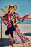 Remsa Tesettür Mayo Üzerine Tek Kaftan Kimono Pareo Lacivert02 RP030 Flowers | 2