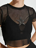 Spor Crop Tişört Yıldız Baskılı Tül