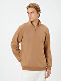Yarım Fermuarlı Sweatshirt Dik Yaka Uzun Kollu Şardonlu