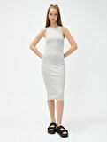 Halter Yaka Elbise Kalem Midi Boy Fitilli Dar Kesim