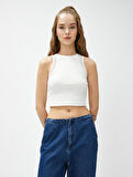 Crop Atlet Halter Yaka File Detaylı Pamuklu