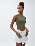 Crop Atlet Halter Yaka File Detaylı Pamuklu
