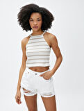 Crop Atlet Halter Yaka Triko Ajurlu Dar Kesim