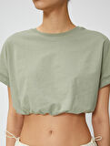 Crop Tişört Bisiklet Yaka Kısa Kollu Beli Lastikli