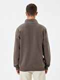Yarım Fermuarlı Sweatshirt Slogan Baskılı Dik Yaka Şardonlu