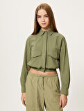 Paraşüt Kumaş Crop Gömlek Uzun Kollu Kapaklı Cep Detaylı Beli Lastikli