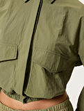 Paraşüt Kumaş Crop Gömlek Uzun Kollu Kapaklı Cep Detaylı Beli Lastikli