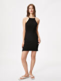 Mini Triko Elbise Bodycon Kolsuz Halter Yaka Dar Kesim