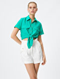 Önden Bağlamalı Gömlek Kısa Kollu Cepli Viskon Karışımlı