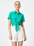 Önden Bağlamalı Gömlek Kısa Kollu Cepli Viskon Karışımlı