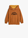 Kapşonlu Sweatshirt Uzun Kollu Kanguru Cepli Slogan Baskılı Şardonlu