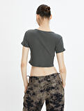 Crop Tişört Yıkamalı Kısa Kollu Yuvarlak Yaka Ribanalı Pamuklu