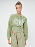 Crop Sweatshirt Kapüşonlu Slim Fit Baskılı Korse Görünümlü
