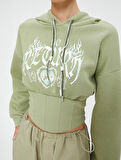Crop Sweatshirt Kapüşonlu Slim Fit Baskılı Korse Görünümlü