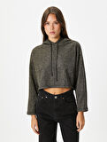 Kapüşonlu Crop Sweatshirt Simli Uzun Kollu