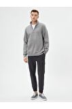 Yarım Fermuarlı Sweatshirt Basic Dik Yaka Ribanalı Uzun Kollu