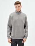 Yarım Fermuarlı Sweatshirt Basic Dik Yaka Ribanalı Uzun Kollu
