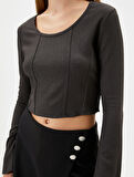 Crop Bluz Korse Detaylı Uzun Kollu U Yaka Ribanalı Bürümcük