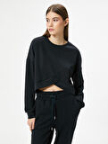 Modal Kumaş Crop Spor Sweatshirt Asimetrik Kesim Bisiklet Yaka Uzun Kollu 