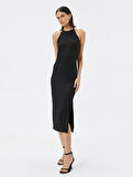 Triko Elbise Midi Halter Yaka Yırtmaçlı