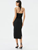 Triko Elbise Midi Halter Yaka Yırtmaçlı