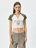 Kolej Crop Tişört V Yaka Kısa Kollu Pamuklu