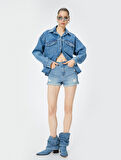 Mini Kot Şort Yüksek Bel Skinny Fit Yıpratılmış Cepli