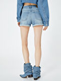 Mini Kot Şort Yüksek Bel Skinny Fit Yıpratılmış Cepli