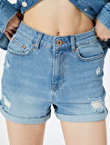 Mini Kot Şort Yüksek Bel Skinny Fit Yıpratılmış Cepli