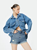Mini Kot Şort Yüksek Bel Skinny Fit Yıpratılmış Cepli