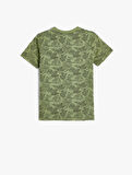 Tişört Kısa Kollu Bisiklet Yaka Yaprak Baskılı Pamuklu
