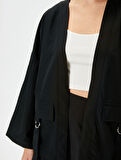 Kimono Uzun Geniş Kollu Kruvaze Yaka Kapaklı Cep Detaylı
