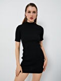 Mini Triko Elbise Fitilli Kısa Kollu Dik Yaka