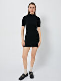 Mini Triko Elbise Fitilli Kısa Kollu Dik Yaka