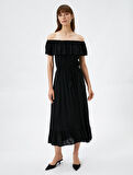 Midi Elbise Omzu Açık Fırfırlı Beli Püskül Detaylı