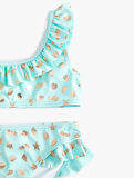 Bikini Takımı Parlak Baskılı Fırfırlı Tek Omuz İnce Askılı